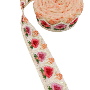 9 Yards Peach Soft Net Lace Trim Floral Embroidery and Gold Sequins, Floral Sari Border, Decorative Trim